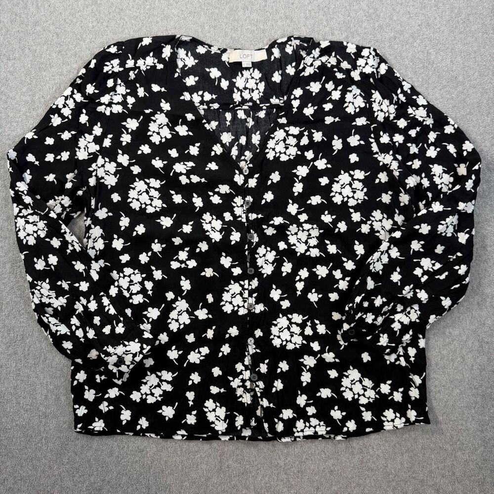 LOFT Women's Large Black & White Floral Print V-Neck Button Front Blouse Top